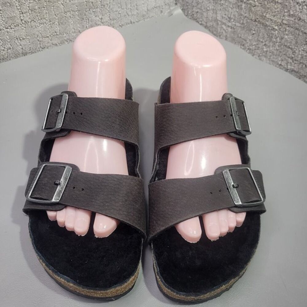 Birkenstock Arizona Shearling Size EU 41 L10 M8 N Black Birko Flor Slide Sandals